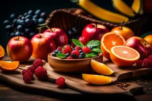 fresh fruits and berries on a wooden cutting board. AI-Generated photo