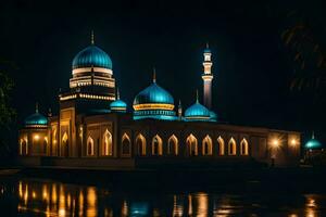 the mosque at night with blue domes. AI-Generated photo