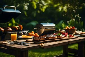 a grill with meat, vegetables and fruit on it. AI-Generated photo