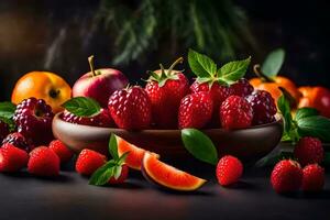 fresh fruits in a bowl on a dark background. AI-Generated photo