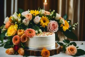 a wedding cake with flowers and candles on a table. AI-Generated photo