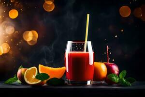 juice in a glass with apples and oranges. AI-Generated photo