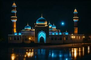 un mezquita iluminado arriba a noche con azul luces. generado por ai foto