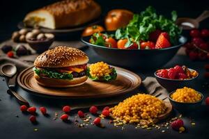 a hamburger, salad and other foods on a table. AI-Generated photo