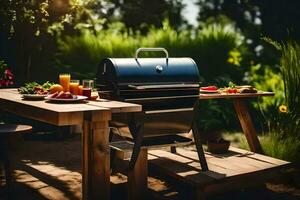 a barbecue grill on a wooden table in the garden. AI-Generated photo