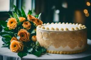 a wedding cake with orange roses on a table. AI-Generated photo