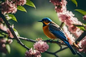 a blue and orange bird sits on a branch of a tree. AI-Generated photo