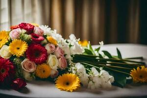 un ramo de flores de flores sentado en un mesa. generado por ai foto