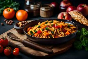 pasta with vegetables and tomatoes in a bowl. AI-Generated photo