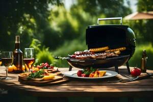 a barbecue grill with food and wine on a table. AI-Generated photo