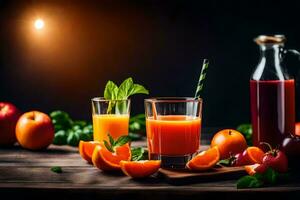 fresh juice in glasses on a dark wooden table. AI-Generated photo