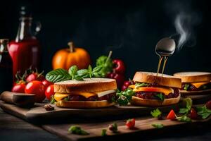 two sandwiches with cheese and vegetables on a wooden cutting board. AI-Generated photo