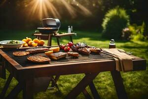 a barbecue grill with meat and vegetables on it. AI-Generated photo