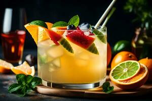un bebida con naranja, limón y menta hojas. generado por ai foto