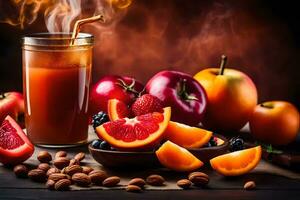 a glass of juice with fruits and nuts. AI-Generated photo