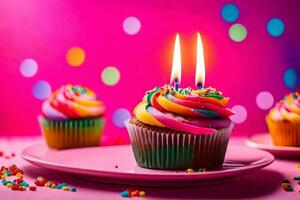 two cupcakes with colorful frosting and candles. AI-Generated photo