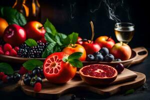 fresh fruits and vegetables on a wooden board. AI-Generated photo