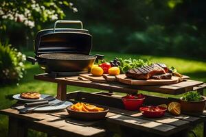 un parrilla en un mesa con comida y vegetales. generado por ai foto