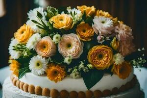 un Boda pastel con amarillo y blanco flores generado por ai foto