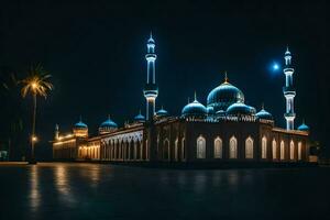 el mezquita a noche en Dubái generado por ai foto