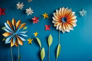 colorful paper flowers on a blue wall. AI-Generated photo