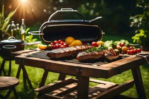 interrogatorio intenso carne en un parrilla en el jardín. generado por ai foto