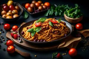 spaghetti with tomatoes, basil and other vegetables on a black background. AI-Generated photo