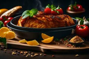 grilled chicken breast in a black pan with vegetables and spices. AI-Generated photo