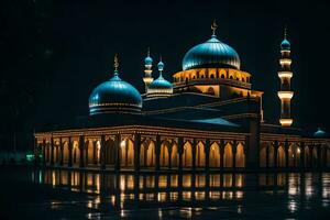 the mosque at night with the lights on. AI-Generated photo