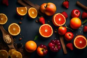 various fruits and vegetables on a dark background. AI-Generated photo