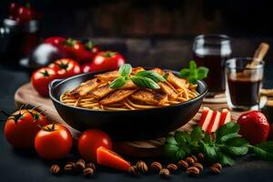 spaghetti with meat and vegetables in a bowl. AI-Generated photo