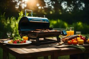 a barbecue grill on a table with food and drinks. AI-Generated photo