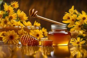 honey and flowers on a wooden table. AI-Generated photo