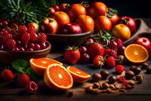 a variety of fruits and vegetables are arranged on a table. AI-Generated photo
