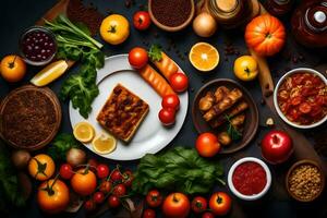 various foods are arranged on a table. AI-Generated photo