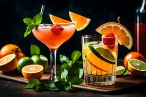 two glasses of cocktails with fruit and mint leaves. AI-Generated photo