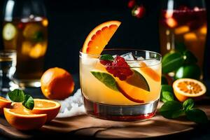 a glass of orange juice with a slice of orange and a slice of lemon. AI-Generated photo