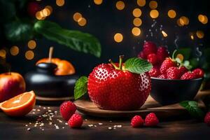 a bowl of raspberries, apples and oranges on a wooden table. AI-Generated photo