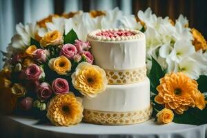 a wedding cake with flowers on top. AI-Generated photo