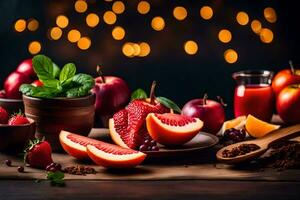 fresh fruits and vegetables on a wooden table. AI-Generated photo