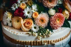 a close up of a wedding cake with flowers. AI-Generated photo