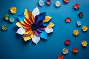 a colorful paper flower on a blue background. AI-Generated photo