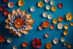 vistoso papel flores colgando desde instrumentos de cuerda en un azul pared. generado por ai foto