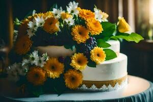 a wedding cake with yellow and white flowers. AI-Generated photo