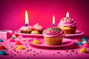 birthday cake with candles on a pink background. AI-Generated photo