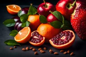 an assortment of fruits and nuts on a black background. AI-Generated photo
