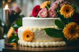 a wedding cake with flowers on top. AI-Generated photo