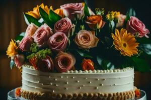 a wedding cake with flowers on top. AI-Generated photo