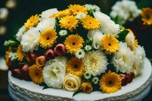 a wedding cake with yellow and white flowers. AI-Generated photo