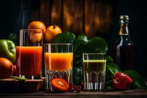 juice and fruit on a wooden table. AI-Generated photo